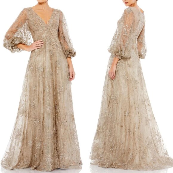 NWT‎ MAC DUGGAL EMBELLISHED PLUNGE NECK PUFF SLEEVE A LINE GOWN DRESS 20283